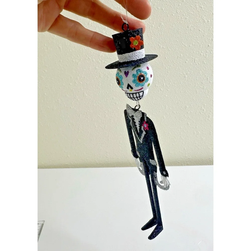 Pier 1 Day Of The Dead Bride Groom Ornaments Skeleton Glitter Sugar Skull Metal